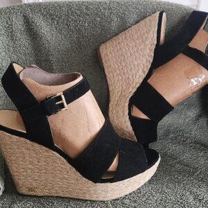 MICHAEL Michael Kors Black Suede Genuine Leather Suede Platform Wedge Sandals 8M